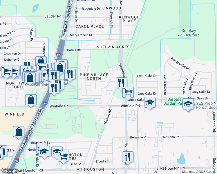 map of restaurants, bars, coffee shops, grocery stores, and more near 12222 Wild Pine Drive in Houston