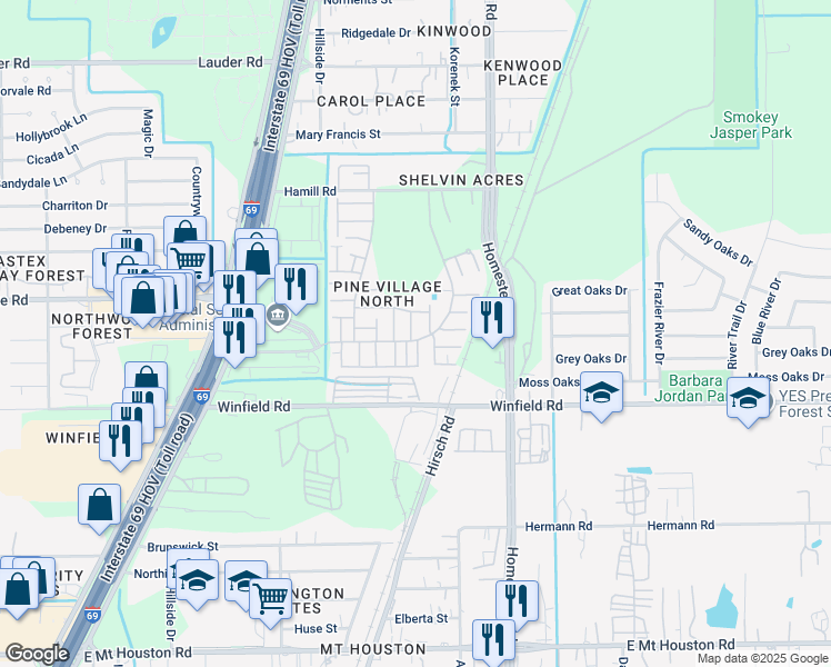 map of restaurants, bars, coffee shops, grocery stores, and more near 12222 Wild Pine Drive in Houston