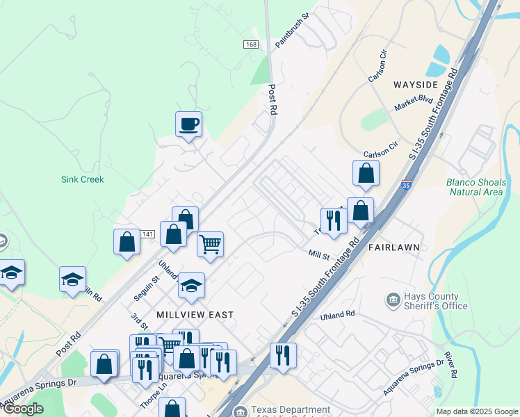 map of restaurants, bars, coffee shops, grocery stores, and more near 1701 Mill Street in San Marcos