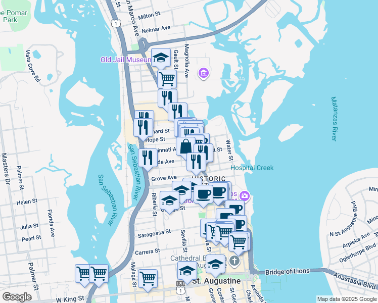 map of restaurants, bars, coffee shops, grocery stores, and more near 7 Rohde Avenue in St. Augustine