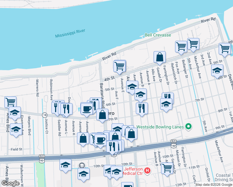 map of restaurants, bars, coffee shops, grocery stores, and more near 532 Ave F in Marrero