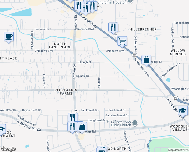 map of restaurants, bars, coffee shops, grocery stores, and more near 11845 Zuinn Street in Houston