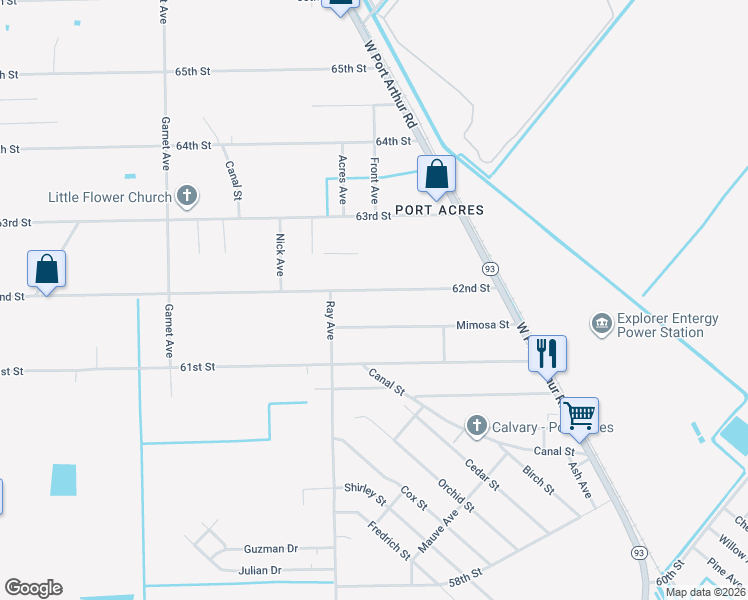 map of restaurants, bars, coffee shops, grocery stores, and more near 2355 62nd Street in Port Arthur