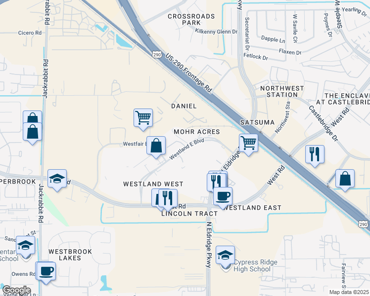 map of restaurants, bars, coffee shops, grocery stores, and more near 13610 Westland East Boulevard in Houston