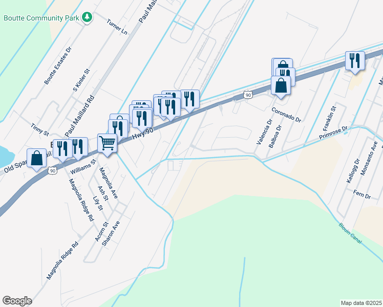 map of restaurants, bars, coffee shops, grocery stores, and more near 116 Faith Place in Boutte