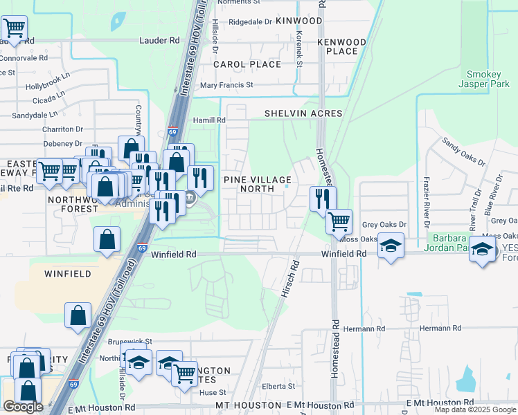 map of restaurants, bars, coffee shops, grocery stores, and more near 12207 Wild Pine Drive in Houston
