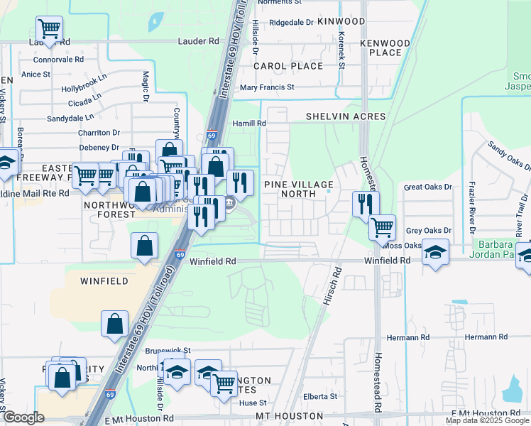map of restaurants, bars, coffee shops, grocery stores, and more near 12211 West Village Drive in Houston
