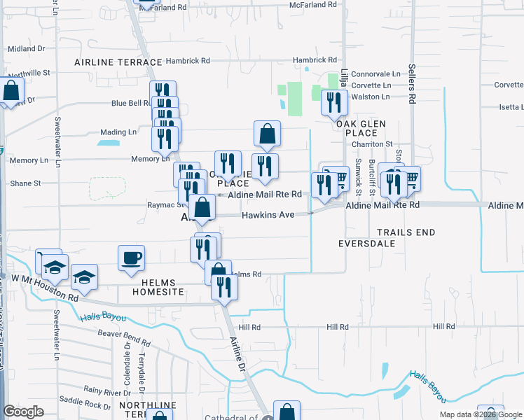 map of restaurants, bars, coffee shops, grocery stores, and more near 414 Aldine Mail Route Road in Houston