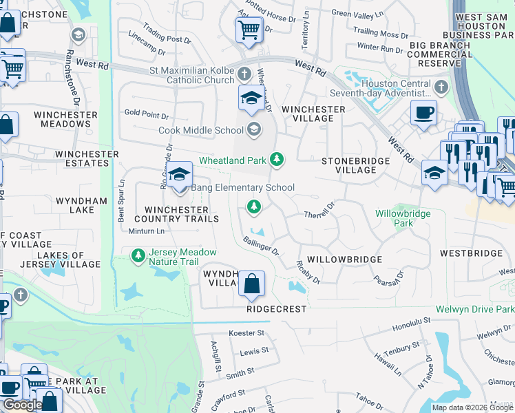 map of restaurants, bars, coffee shops, grocery stores, and more near 8915 Wheatland Drive in Houston