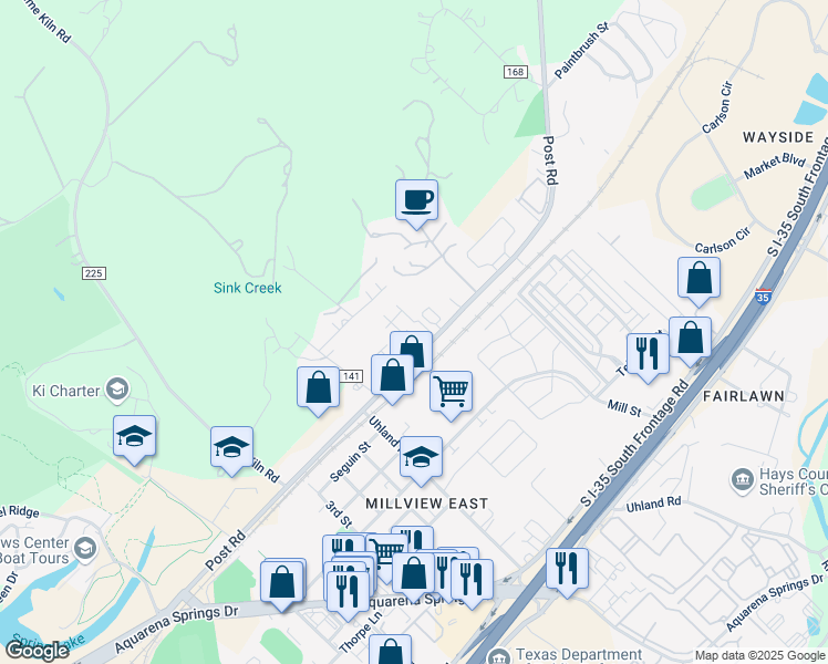 map of restaurants, bars, coffee shops, grocery stores, and more near 1629 Post Road in San Marcos