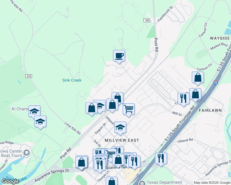 map of restaurants, bars, coffee shops, grocery stores, and more near 1629 Post Road in San Marcos