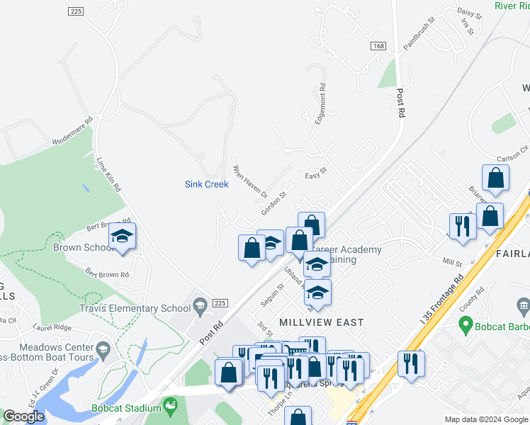 map of restaurants, bars, coffee shops, grocery stores, and more near 209 Wren Haven Drive in San Marcos