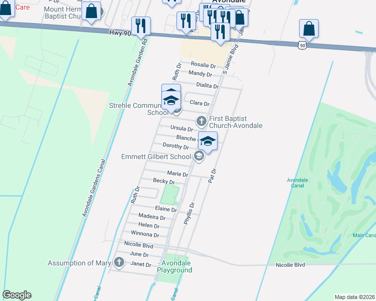 map of restaurants, bars, coffee shops, grocery stores, and more near 113 Blanche Drive in Avondale
