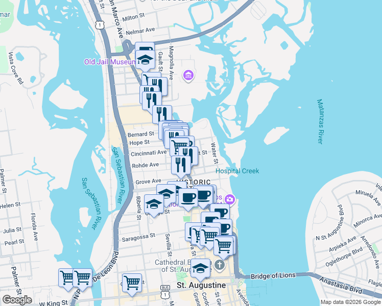 map of restaurants, bars, coffee shops, grocery stores, and more near 11 Pine Street in St. Augustine