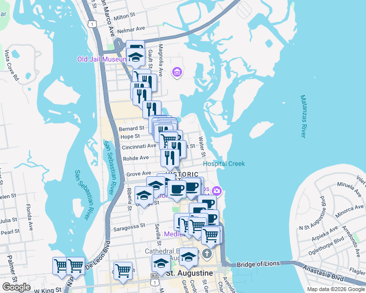 map of restaurants, bars, coffee shops, grocery stores, and more near 11 Pine Street in St. Augustine