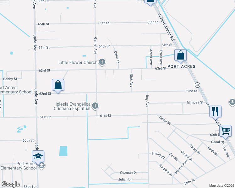 map of restaurants, bars, coffee shops, grocery stores, and more near 2527 62nd Street in Port Arthur