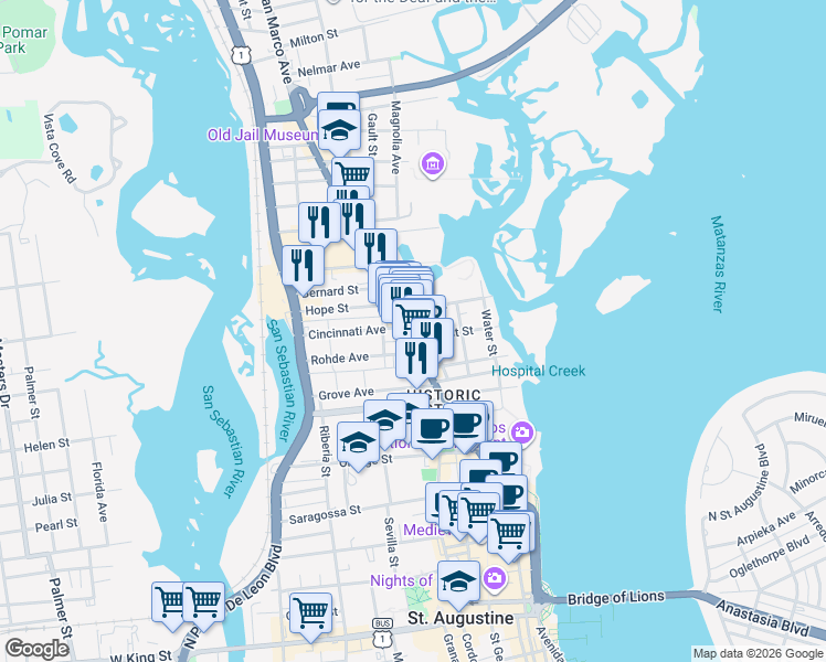 map of restaurants, bars, coffee shops, grocery stores, and more near 82 San Marco Avenue in St. Augustine