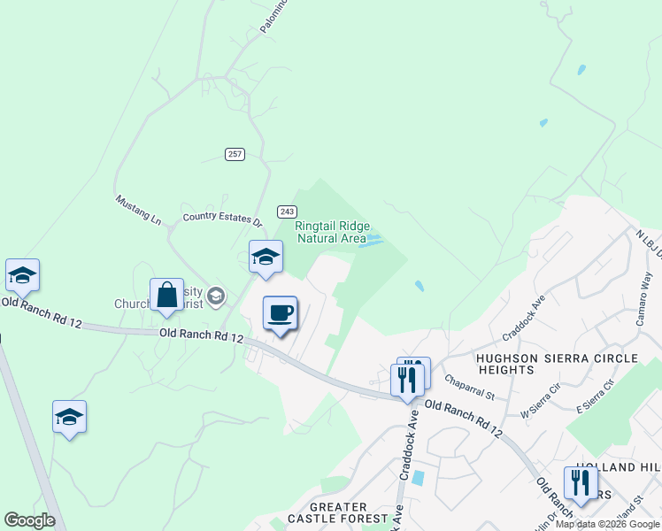 map of restaurants, bars, coffee shops, grocery stores, and more near 1818 Old Ranch Road 12 in San Marcos