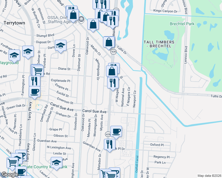 map of restaurants, bars, coffee shops, grocery stores, and more near 608 West Niagara Circle in Terrytown