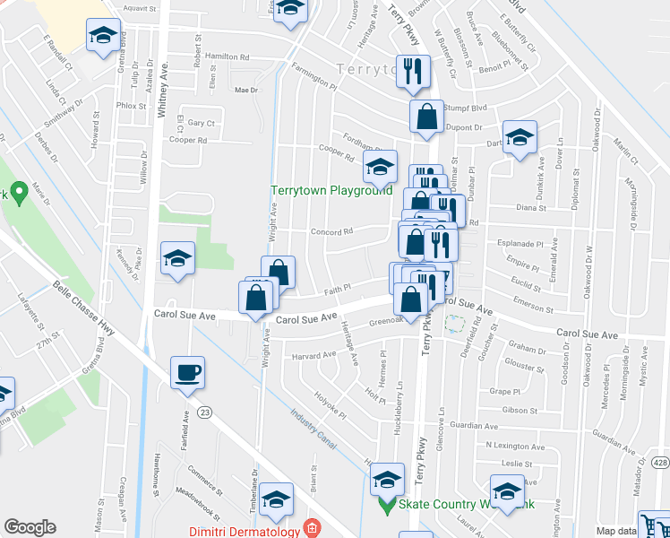 map of restaurants, bars, coffee shops, grocery stores, and more near 1906 South Forest Lawn Drive in Terrytown