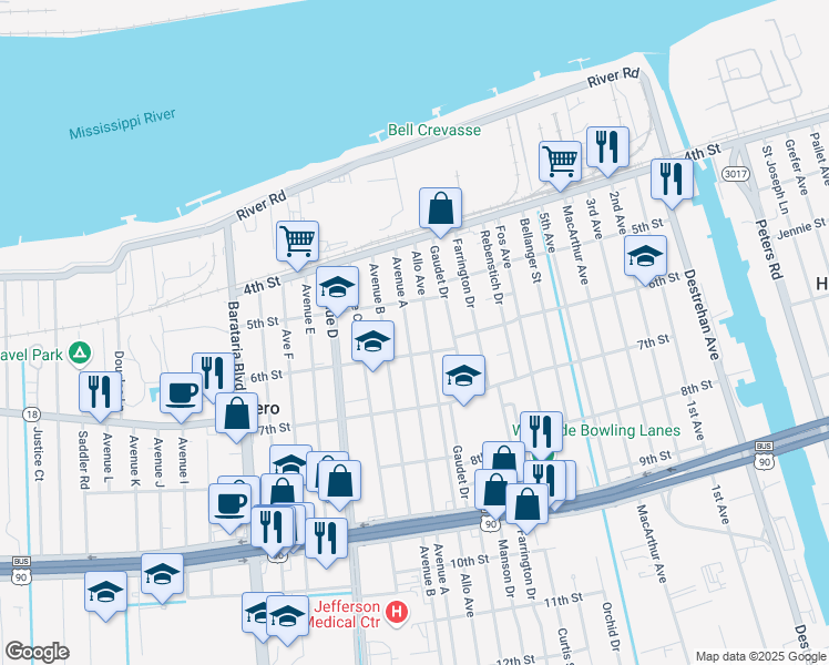 map of restaurants, bars, coffee shops, grocery stores, and more near 514 Avenue A in Marrero