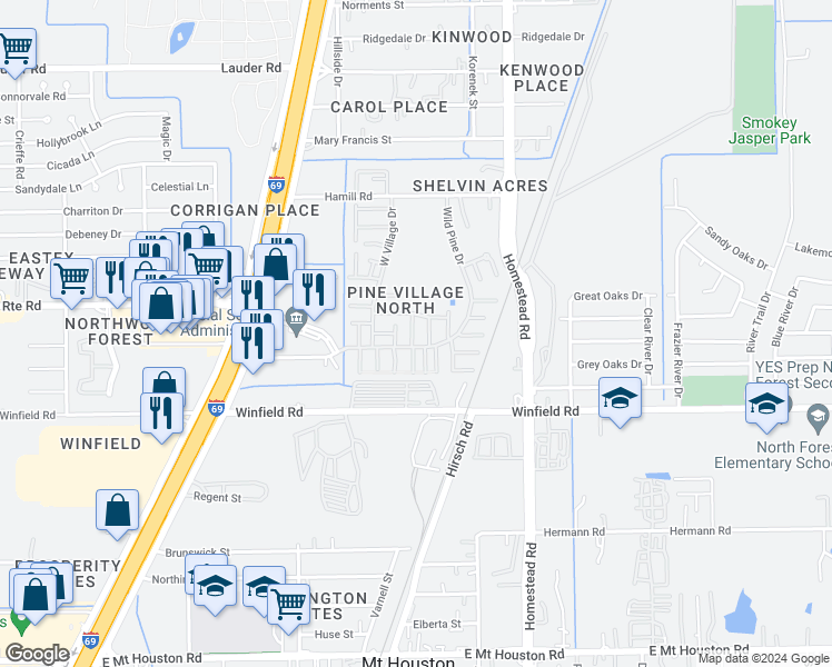 map of restaurants, bars, coffee shops, grocery stores, and more near 12207 Wild Pine Drive in Houston