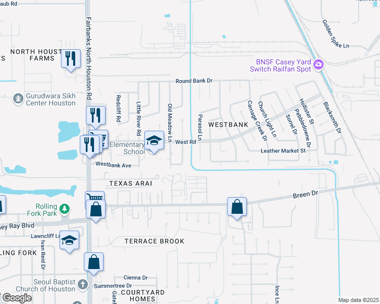 map of restaurants, bars, coffee shops, grocery stores, and more near 8334 Bridgefoot Lane in Houston