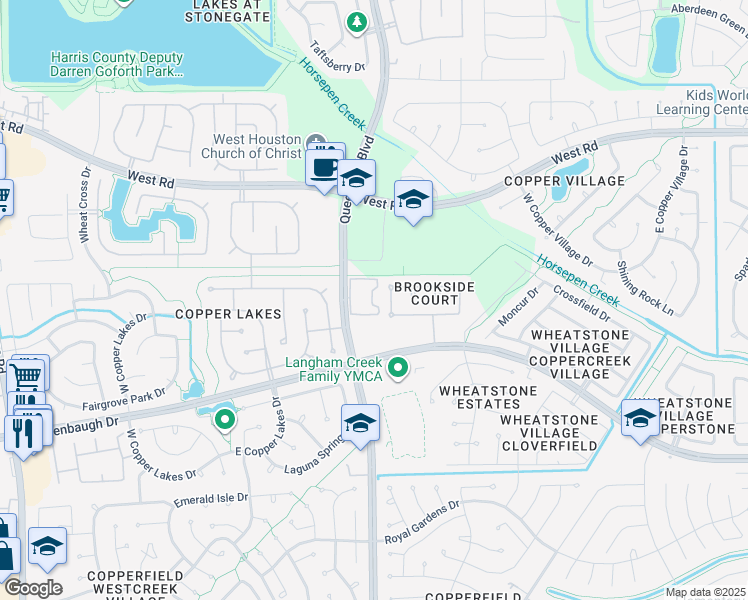 map of restaurants, bars, coffee shops, grocery stores, and more near 8300 Queenston Boulevard in Houston