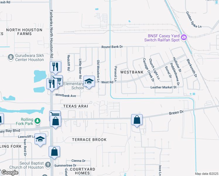 map of restaurants, bars, coffee shops, grocery stores, and more near 8334 Bridgefoot Lane in Houston