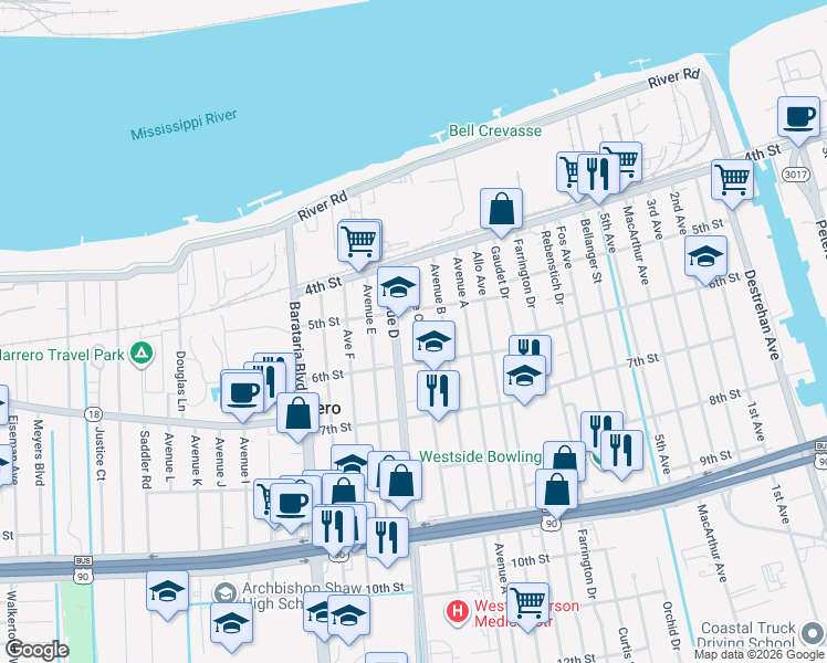map of restaurants, bars, coffee shops, grocery stores, and more near 500 Avenue C in Marrero