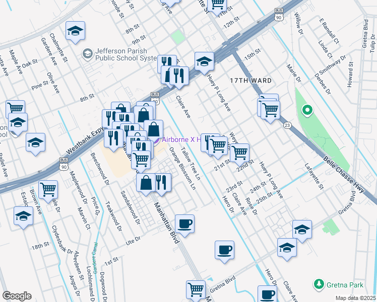 map of restaurants, bars, coffee shops, grocery stores, and more near 1045 Tallow Tree Lane in Harvey