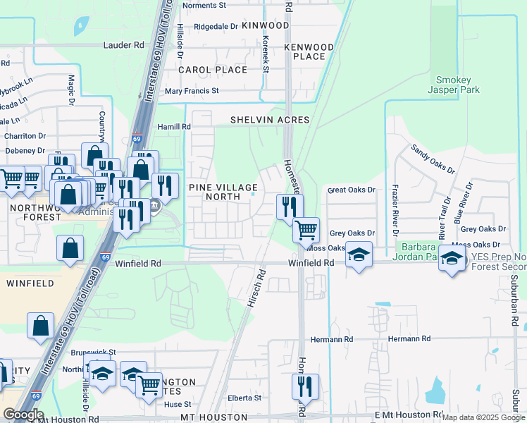 map of restaurants, bars, coffee shops, grocery stores, and more near 12310 Wild Pine Drive in Houston