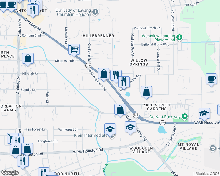 map of restaurants, bars, coffee shops, grocery stores, and more near 11645 Texas 249 in Houston
