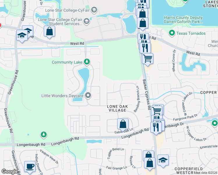 map of restaurants, bars, coffee shops, grocery stores, and more near 8531 Windy Thicket Lane in Cypress