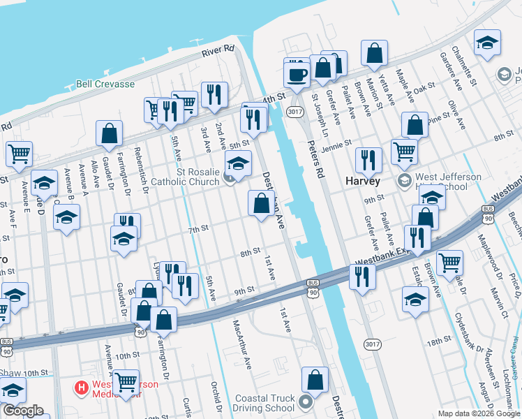 map of restaurants, bars, coffee shops, grocery stores, and more near 635 1st Avenue in Harvey