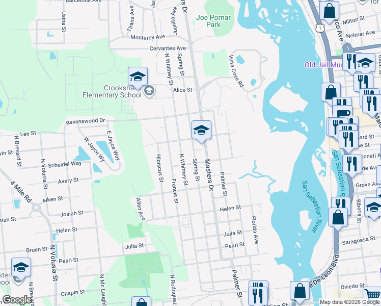 map of restaurants, bars, coffee shops, grocery stores, and more near 110 Masters Drive in St. Augustine