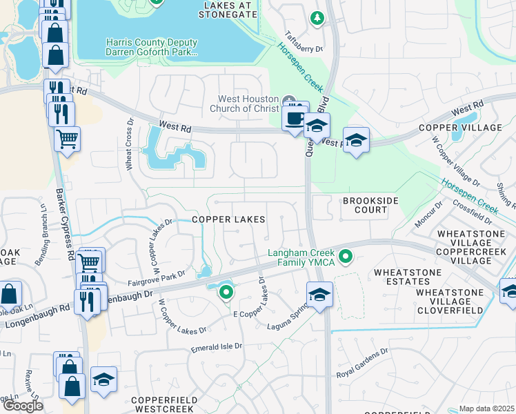 map of restaurants, bars, coffee shops, grocery stores, and more near 17023 Sandestine Drive in Houston