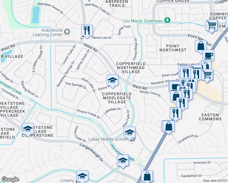 map of restaurants, bars, coffee shops, grocery stores, and more near 8425 Pine Falls Drive in Houston
