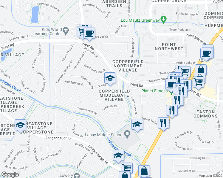 map of restaurants, bars, coffee shops, grocery stores, and more near 8425 Pine Falls Drive in Houston