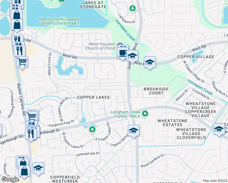 map of restaurants, bars, coffee shops, grocery stores, and more near 16934 Sandestine Drive in Houston
