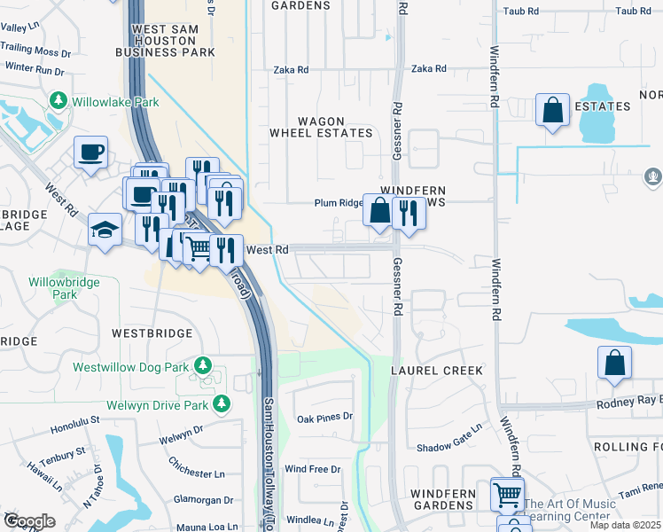 map of restaurants, bars, coffee shops, grocery stores, and more near 8914 West Road in Houston