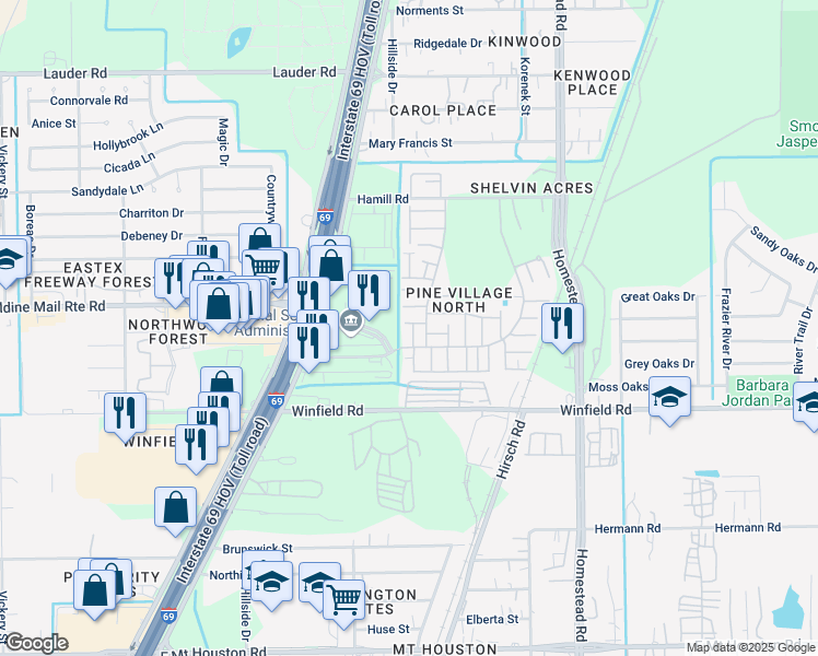 map of restaurants, bars, coffee shops, grocery stores, and more near 12211 West Village Drive in Houston