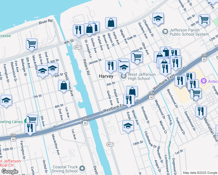 map of restaurants, bars, coffee shops, grocery stores, and more near 720 Pailet Avenue in Harvey