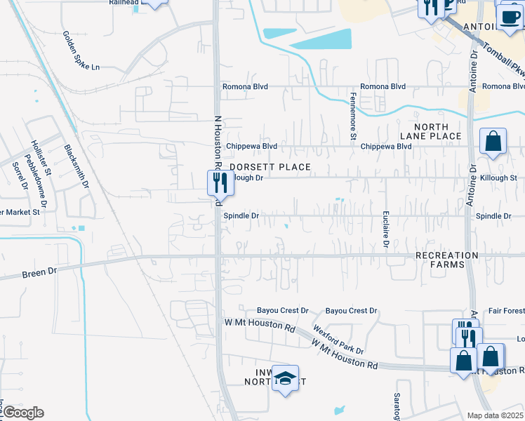 map of restaurants, bars, coffee shops, grocery stores, and more near 7024 Spindle Drive in Houston