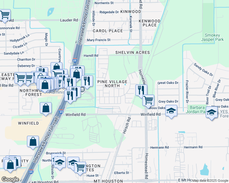 map of restaurants, bars, coffee shops, grocery stores, and more near 5779 Easthampton Drive in Houston
