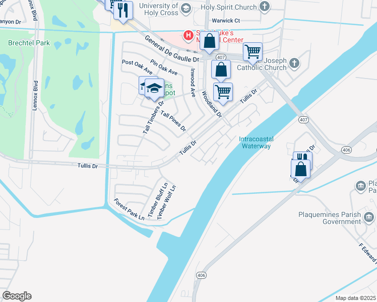 map of restaurants, bars, coffee shops, grocery stores, and more near 5699 Tullis Drive in New Orleans