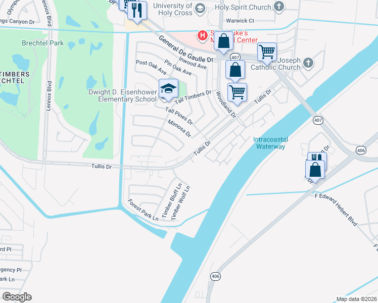 map of restaurants, bars, coffee shops, grocery stores, and more near 5620 Tullis Drive in New Orleans