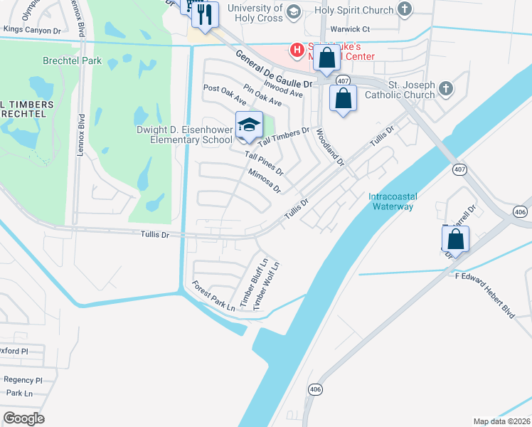 map of restaurants, bars, coffee shops, grocery stores, and more near 3846 Peach Tree Court in New Orleans