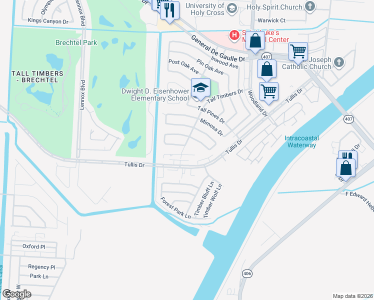 map of restaurants, bars, coffee shops, grocery stores, and more near 3641 Tall Timbers Drive in New Orleans