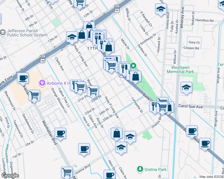 map of restaurants, bars, coffee shops, grocery stores, and more near 28 Ashton Cox Drive in Gretna